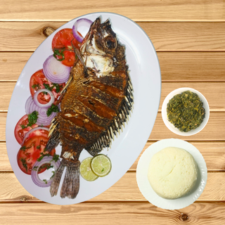 Large Dry Fish, served with ugali, mboga kienyeji, and kachumbari